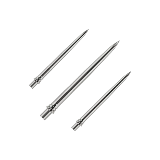 Špičky šipek Caliburn EVO - hladké - stříbrné Das Bild zeigt silberne Dartspitzen mit einer glatten Oberfläche, wahrscheinlich aus Metall. Die Dartspitzen sind 28mm lang und werden als Set präsentiert.