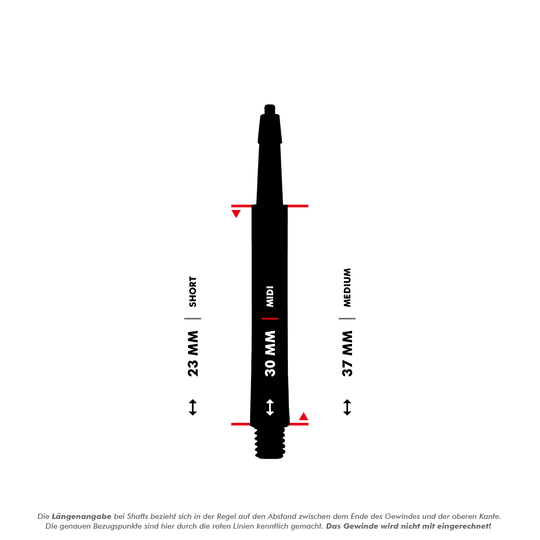 Das Bild zeigt die Harrows Clic Standard Shafts in Schwarz mit drei Längenoptionen: Short (23 mm), Midi (30 mm) und Medium (37 mm). Die Längen werden zwischen den roten Linien gemessen, das Gewinde ist nicht mit eingerechnet.