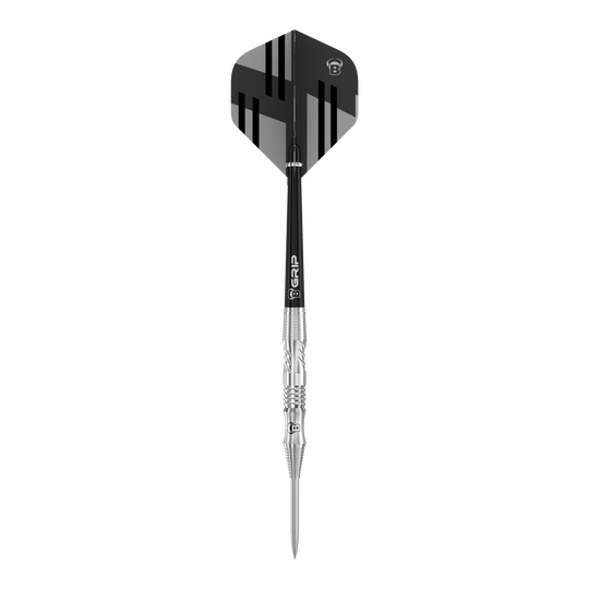 Bulls Tac T1 Steeldarts Das Bild zeigt einen Bulls Tac T1 Steeldart. Der Dart hat ein silbernes Barrel und ein schwarz-graues Flight-Design.