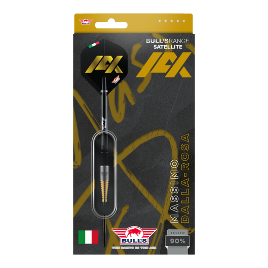 Das Bild zeigt die Verpackung der "Bulls NL Massimo Dalla Rosa Steeldarts - 20g". Die Verpackung ist schwarz-gold und zeigt deutlich den Namen des Produkts sowie die italienische Flagge.