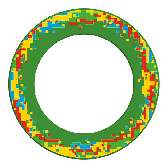 Obložení terče McDart Pixel Ein Dartboard-Surround mit Mosaikmuster und markanten Details wird vorgestellt. Die Form bleibt rund und gleichmäßig.