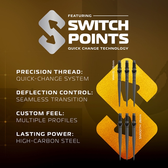 Winmau Exion Parallel Switch Point Steeldarts sind abgebildet. Die Steeldarts bieten eine exzellente Griffigkeit und Präzision.