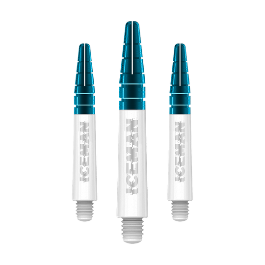 C634_Red_Dragon_Nitrotech_Gerwyn_Price_Shafts_White_36mm_1 Das Bild zeigt drei weiße Dartschäfte mit blauen Spitzen. Auf den Schäften steht in silberner Schrift das Wort "ICEMAN".