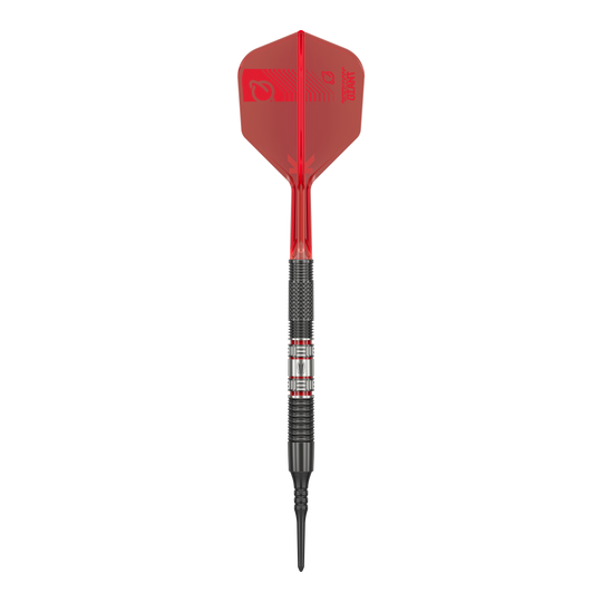 Měkké šipky Target Gabriel Clemens 95K - 19g Das Bild zeigt einen Softdartpfeil des Modells „Target Gabriel Clemens 95K Softdarts - 19g“. Der Pfeil hat eine rote Flight, einen schwarzen Griffbereich und eine schwarze Spitze.