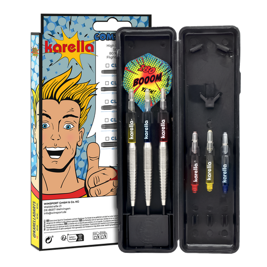 Abgebildet sind die Karella Comic Line CL-5 Steeldarts - 21g. Diese Steeldarts zeichnen sich durch ein Comic-Design aus.