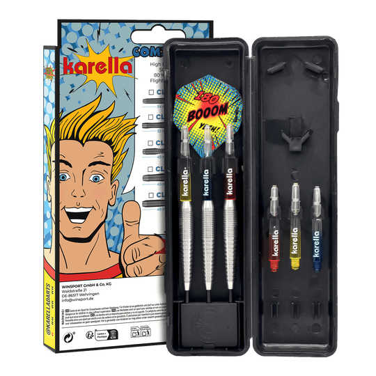 Ocelové šipky Karella Comic Line CL-5 - 21g Abgebildet sind die Karella Comic Line CL-5 Steeldarts - 21g. Diese Steeldarts zeichnen sich durch ein Comic-Design aus.