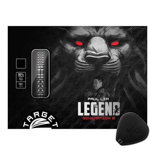 Šipky Target Japan Paul Lim The Legend GEN8 Swiss Point Steeldarts - 24g Die Verpackung zeigt die "Target Japan Paul Lim The Legend GEN8 Swiss Point Steeldarts - 24g". Im Hintergrund ist ein Löwenkopf mit roten Augen und ein Porträt von Paul Lim zu sehen.