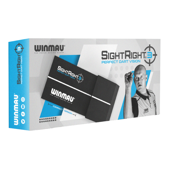 Winmau SightRight 3 - Kompaktní Die Abbildung zeigt die Verpackung des Produkts "Winmau SightRight 3 - Compact". Auf der Box ist ein Dartspieler zusammen mit dem Produkt abgebildet, das für perfektes Dart-Zielen entwickelt wurde.
