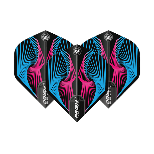 6915-239_Winmau_Prism_Delta_Spiral_BluePink_Standard_Flights_1520d05RfZ8RSR Das Bild zeigt drei Dartflights des Modells "Winmau Prism Delta Spiral BluePink Standard". Die Flights haben ein auffälliges Spiraldesign in Blau und Pink auf schwarzem Hintergrund.