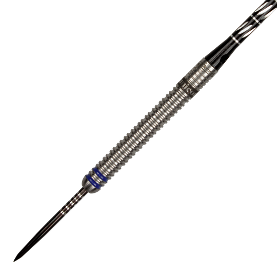 27444_Unicorn_World_Champion_Gary_Anderson_Phase_3_Steeldarts_2 Auf dem Bild ist ein Steeldart der Marke Unicorn zu sehen, Modell "World Champion Gary Anderson Phase 3". Der Dart besteht aus silberfarbenem Metall mit blauen Ringen und einer strukturierten Griffzone.