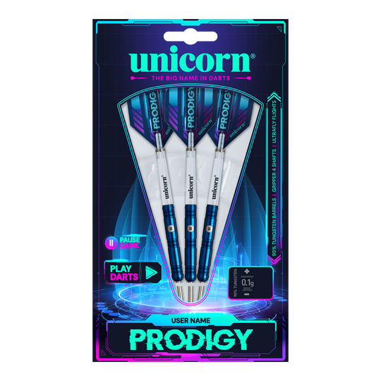 Das Bild zeigt die Verpackung der "Unicorn Prodigy 01 Parallel Steeldarts". Drei blaue Steeldarts sind in einer modernen, futuristisch gestalteten Packung präsentiert.