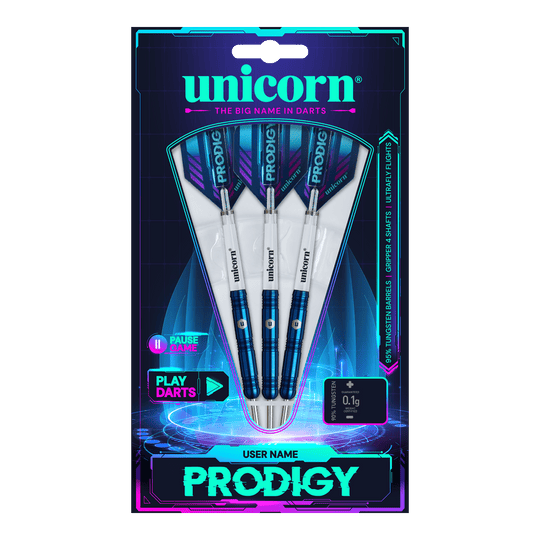 Paralelní ocelové šipky Unicorn Prodigy 01 Das Bild zeigt die Verpackung der "Unicorn Prodigy 01 Parallel Steeldarts". Drei blaue Steeldarts sind in einer modernen, futuristisch gestalteten Packung präsentiert.