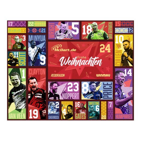 Adventní kalendář McDart Steel Darts 2026 Der McDart Steel-Darts Adventskalender 2026 ist auf diesem Bild zu sehen. Die Verpackung zeigt attraktive Darts-Motive und weihnachtliches Design.