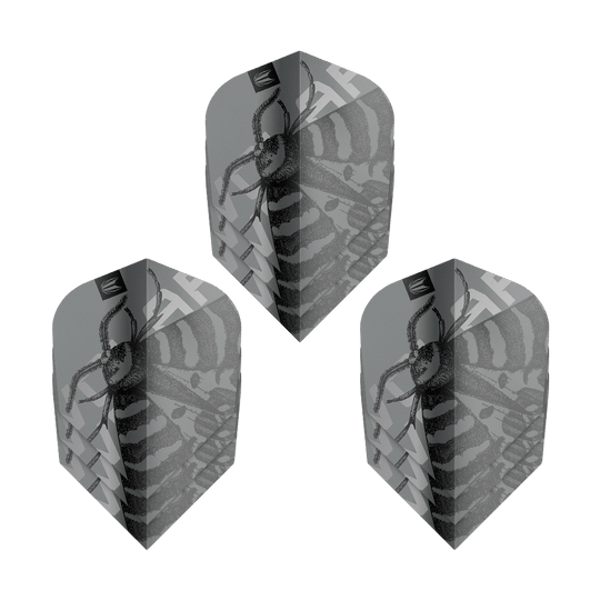 Letky Target Pro Ultra Volar č. 6 - 3 sady Das Bild zeigt drei Sets von Target Pro Ultra Volar No6 Flights. Die Flights sind grau mit einem schwarzen Insektenmuster gestaltet.