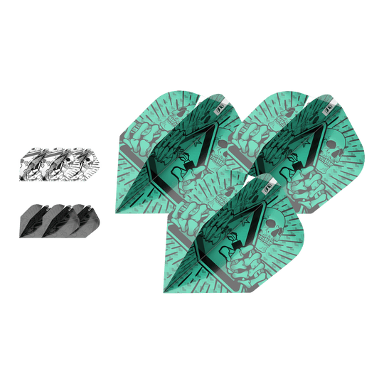 Target Ink Bundle 3 Sets Rob Cross No6 Flights Das Bild zeigt drei verschiedene Sets von Dartflights aus dem "Target Ink Bundle 3 Sets Rob Cross No6 Flights". Die Flights haben auffällige Designs in Grün, Schwarz und Weiß mit grafischen Motiven.