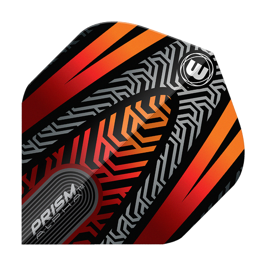 Dieses Bild zeigt ein Winmau Prism Alpha Schwarz Orange No2 Standard Flight. Das Flight hat ein auffälliges Muster in Schwarz, Orange und Silber mit geometrischen Linien und dem Winmau-Logo.