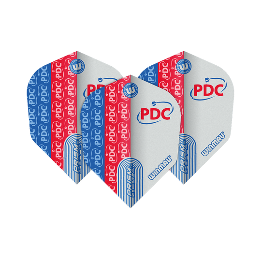 Das Bild zeigt drei Winmau Prism Zeta PDC No6 Flights für Darts. Sie sind in den Farben Blau, Rot und Weiß gestaltet und tragen das PDC-Logo.