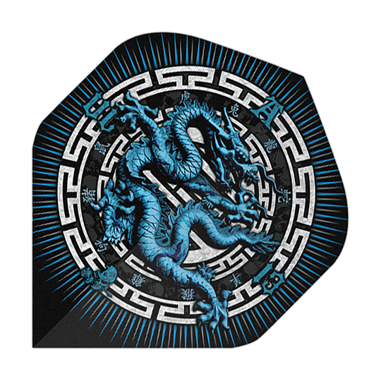 Alchemy Rok draka č. 2 Standardní lety Das Bild zeigt das Produkt "Alchemy Year Of The Dragon No2 Standard Flights". Auf dem Flight ist ein blauer Drache in einem dekorativen, kreisförmigen Muster abgebildet.