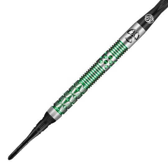 Šipky Shot Pro-Series Stowe Buntz 2 měkké - 21g Das Bild zeigt einen Shot Pro-Series Stowe Buntz 2 Softdart mit einem Gewicht von 21g. Der Dart hat ein silbernes und grünes Design mit feinen Gravuren und Mustern.