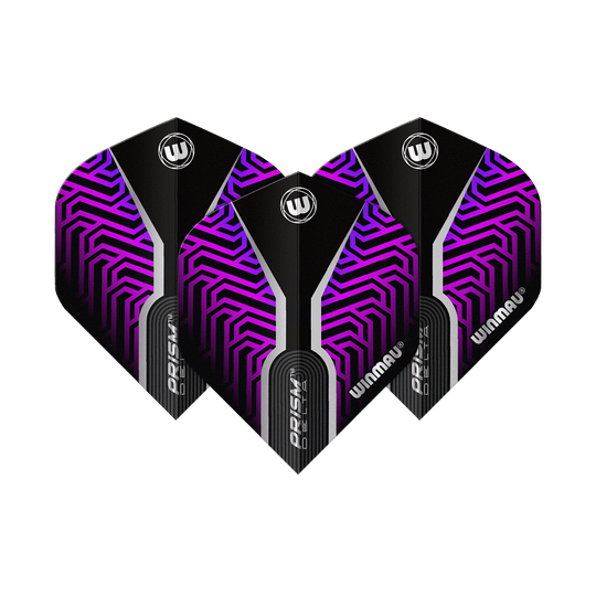 Das Bild zeigt drei Winmau Prism Delta Kairos No2 Standard Flights in Lila. Die Flights haben ein auffälliges lila-schwarzes Muster mit weißen Akzenten und dem Winmau-Logo.