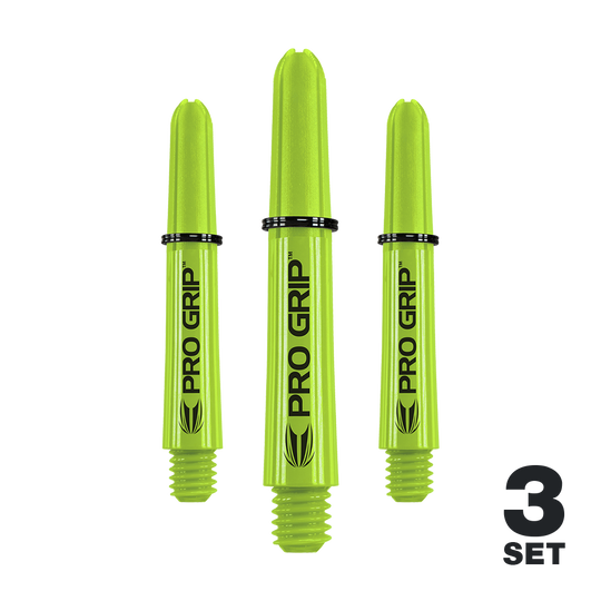 Das Bild zeigt drei limegrüne Pro Grip Shafts für Dartpfeile. Unten rechts steht "3 Set", was anzeigt, dass es sich um ein Set mit drei Stück handelt.