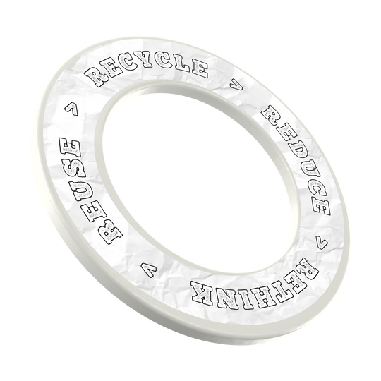 McDart Recyklace Snížení Přehodnocení Znovupoužití Obložení terče Ein weißes Produkt mit dem Text 'Recycle, Reuse, Reduce, Rethink' ist sichtbar. Die Alt-Text-Beschreibung bezieht sich auf den Dateinamen DBS-RRRR6_Surround_Recyle_Reuse_Reduce_Rethink_Wei_3.