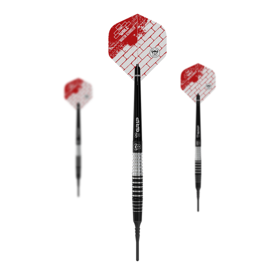 Das Bild zeigt drei Softdarts des Modells „Bulls Martin Schindler Original Generation 3“. Die Darts haben schwarz-silberne Schäfte und rot-weiße Flights mit Ziegelmuster.