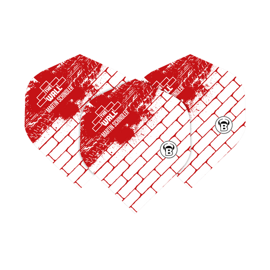 Bulls Metrixx Martin Schindler White Red No2 Standard Flights Das Bild zeigt drei Dart-Flights in weiß und rot mit Backsteinmuster. Auf den Flights steht "The Wall Martin Schindler" und unten ist ein rundes "B"-Logo.