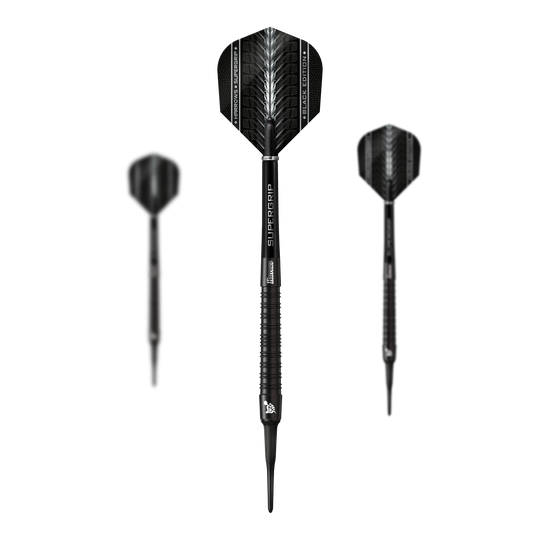 Měkké šipky Harrows Supergrip Black Edition Das Bild zeigt drei Harrows Supergrip Black-Edition Softdarts in schwarzem Design. Die Darts haben schlanke Griffe und moderne Flights mit weißen Akzenten.