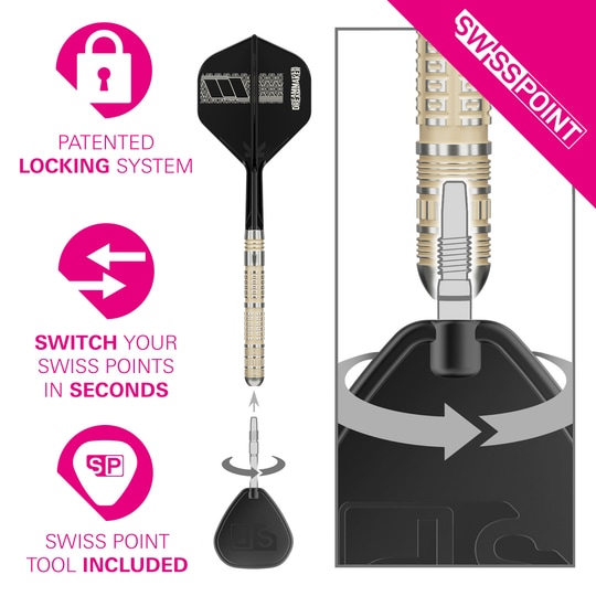 Šipky Target Dimitri Van Den Bergh 95K Swiss Point Steel Das Bild zeigt die Target Dimitri Van Den Bergh 95K Swiss Point Steeldarts. Sie sind speziell für professionelle Turniere und anspruchsvolle Spieler entwickelt.