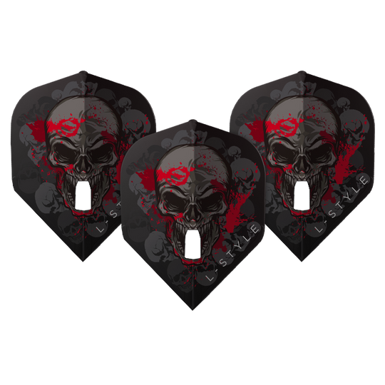 Das Bild zeigt drei schwarze Dart-Flights mit einem Totenkopf-Design und roten Farbspritzern. Unten auf den Flights steht der Schriftzug "L-STYLE".