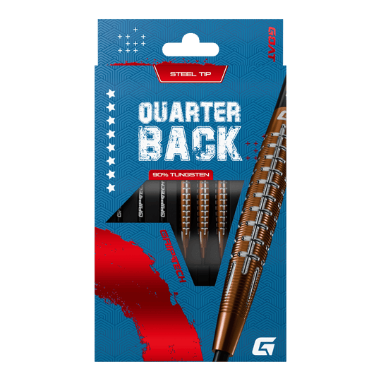 Šipky GOAT Quarterback V1 z wolframové oceli Das Bild zeigt die GOAT Quarterback V1 Tungsten Steeldarts in einer blauen Verpackung. Die Darts bestehen zu 90% aus Tungsten und haben eine Stahlspitze.
