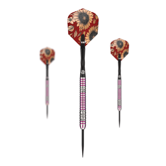 Shot Pro Series Barbora Hospodářská 2 Steeldarts - 23g Das Bild zeigt drei Steeldarts der Marke Shot Pro Series Barora Hospodarska mit einem Gewicht von 23g. Die Flights haben ein auffälliges Sonnenblumenmuster auf rotem Hintergrund.
