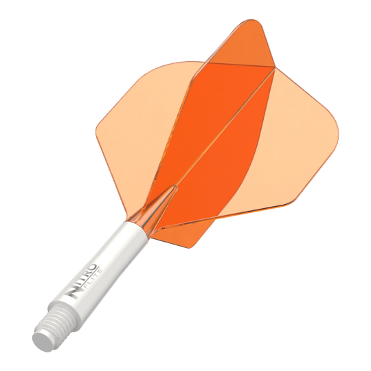 Abgebildet ist ein Dart-Schäfte-Set mit weißem Schaft und orangen Flights. Das Produkt scheint ein Red Dragon Nitroflite Modell in kurzer Ausführung zu sein.