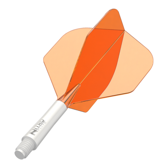 Letky Red Dragon Nitroflite White Shaft Orange No2 Abgebildet ist ein Dart-Schäfte-Set mit weißem Schaft und orangen Flights. Das Produkt scheint ein Red Dragon Nitroflite Modell in kurzer Ausführung zu sein.
