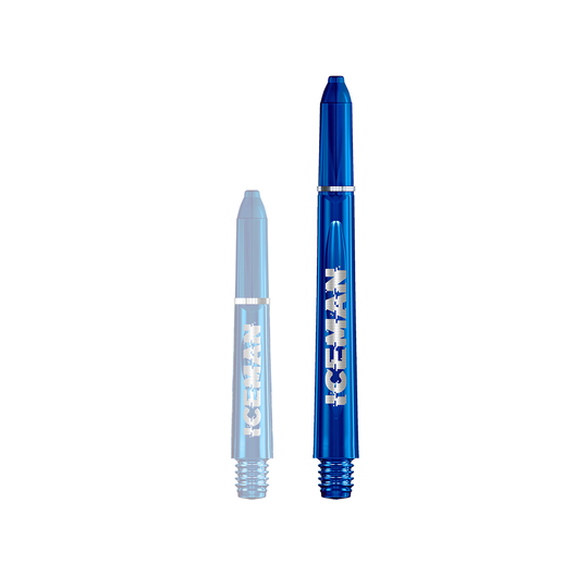 Das Bild zeigt zwei blaue Dartschäfte des Produkts "Red Dragon VRX Gerwyn Price Shafts". Auf den Schäften steht der Schriftzug "ICEMAN".
