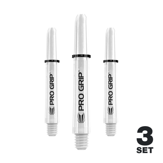 Target Pro Grip Shafts – 3 sady – White Das Bild zeigt drei weiße Pro Grip Shafts für Dartpfeile. Unten rechts steht "3 Set" geschrieben.