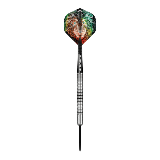 Mise Dominik Grüllich Steeldarts Der abgebildete Dartpfeil ist der "Mission Dominik Grüllich Steeldart" mit einem Gewicht von 23,5g. Auf dem Dartflügel ist ein farbenfroher Löwenkopf zu sehen.