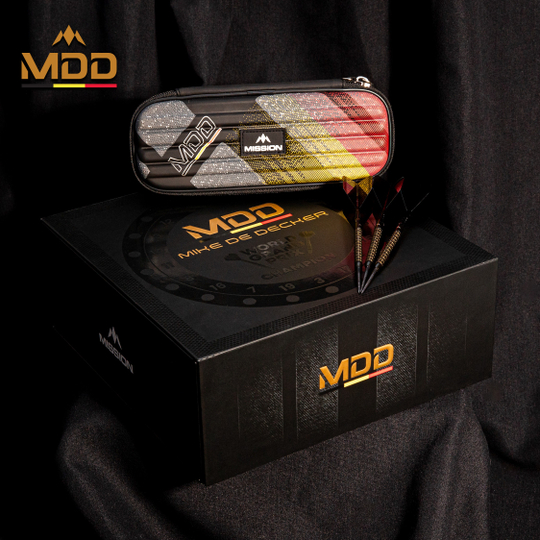 Mission Mike De Decker World Grand Prix Limited Edition Black Gold Steeldarts - 24g. Diese Darts sind in elegantem Schwarz und Gold gehalten und wiegen 24 Gramm.