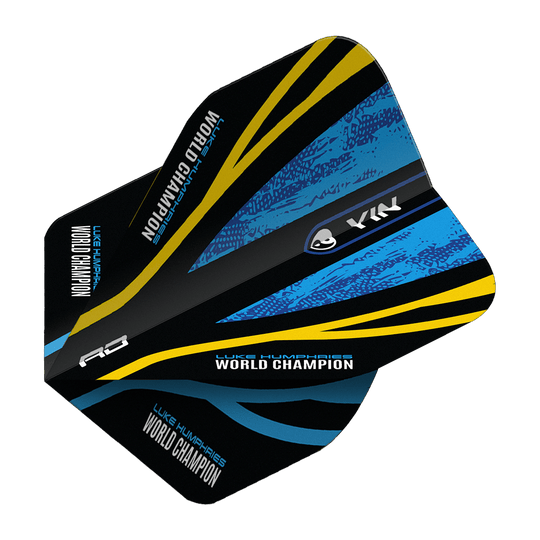 Mistr světa Red Dragon Luke Humphries, Blue Gold, Yin Yang Standard Flights Das Bild zeigt das Produkt "Red Dragon Luke Humphries World Champion Blue Gold Yin Yang Standard Flights". Das Design ist schwarz mit blauen und goldenen Akzenten sowie der Aufschrift "WORLD CHAMPION".