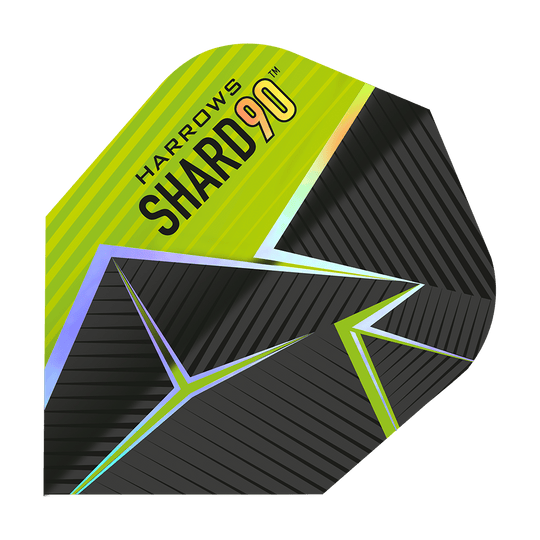 Lety Harrows Prime Shard č. 6 Das Bild zeigt ein Dart-Flight mit dem Namen „Harrows Prime Shard No6“. Das Design ist schwarz und gelb mit geometrischen Linien und dem Aufdruck „SHARD 90“.