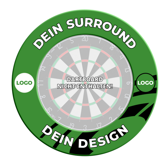 Obložení terče s vaším designem Das grüne Dartboard-Surround mit Wunschdruck ist aus einem weiteren Blickwinkel zu sehen. Es dient dem Schutz der Wand und dem besseren Spielerlebnis.