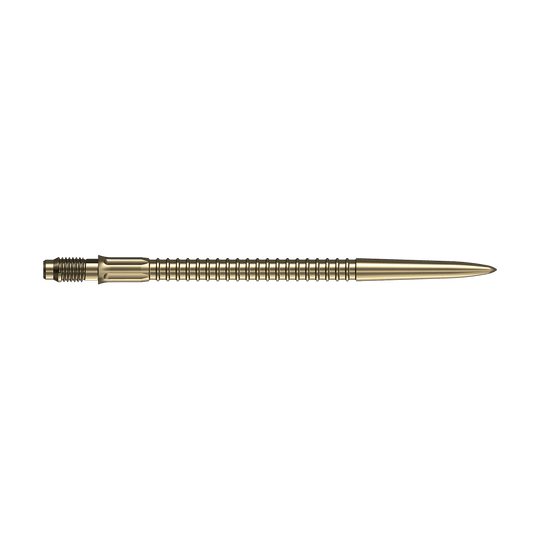 Špičky na šipky Mission R2.5 Rapid Point GV1 - zlaté Abgebildet sind goldene Dartspitzen von Mission R25 Rapid Point mit einer Länge von 40mm. Das Bild zeigt die Spitzen aus verschiedenen Perspektiven.