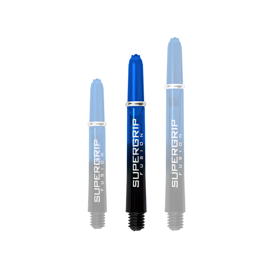 HR337_Harrows_Supergrip_Fusion_Shafts_Blau_40mm_1oh9euFVuoXLmQ Das Bild zeigt drei blaue Harrows Supergrip Fusion Shafts in verschiedenen Längen. Die Shafts bestehen aus einem blauen und schwarzen Farbverlauf mit weißer Aufschrift.