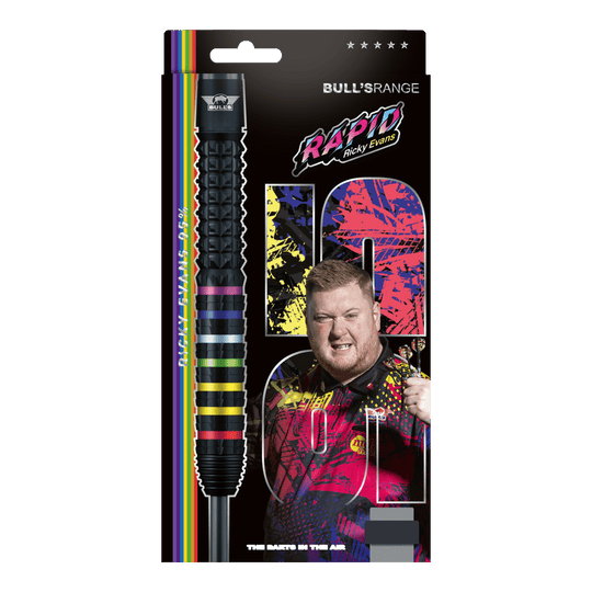 Ocelové šipky Bulls NL Ricky Evans Rapid 95 Das Foto zeigt die Bulls NL Ricky Evans Rapid 95 Steeldarts in der 23g-Ausführung. Die Darts werden aus einer anderen Perspektive dargestellt.