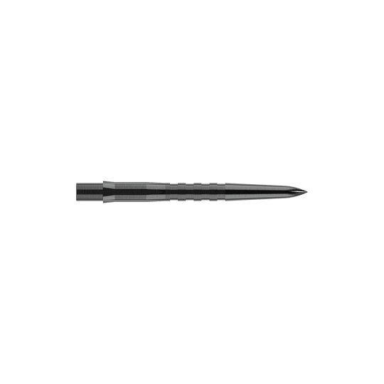 Špičky na šipky Mission Caliburn EVO - drážkované - černé Das Bild zeigt eine schwarze, gerillte Steeldartspitze. Sie ist schmal, lang und hat eine spitze Vorderseite.