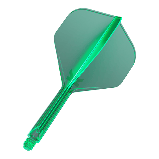 Standardní letový systém Target K-Flex No2 - zelený Das Bild zeigt einen grünen Dartflügel mit einem integrierten Schaft. Der Flügel hat eine Standardform und besteht aus durchsichtigem Kunststoff.
