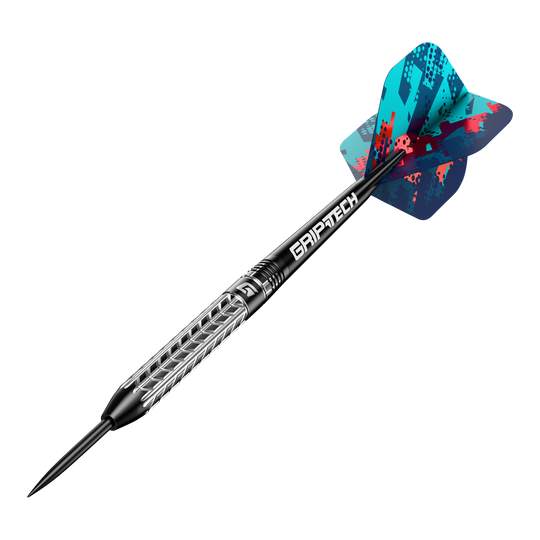 Šipky GOAT Traction z wolframové oceli Das Bild zeigt einen GOAT Traction Tungsten Steeldart mit einer strukturierten Griffoberfläche und einer farbenfrohen Flight. Der Schaft trägt die Aufschrift "GRIPTECH" und die Spitze ist aus Stahl.