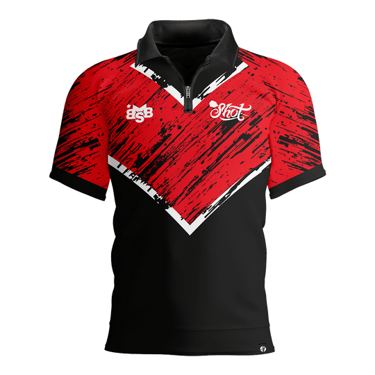 Polokošile Shot Michael Smith s červenými pruhy a logem Zu sehen ist das Shot Michael Smith Red Strip Polo Dartshirt. Das Hemd hat ein modernes Design mit roten Streifen.