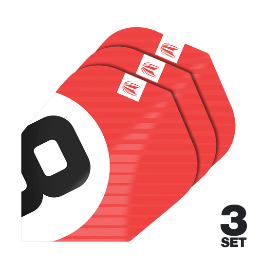 Letenky Target Pro Ultra Chicane Red No6 – 3 sady Das Bild zeigt drei Sätze der Target Pro Ultra Chicane Red No6 Flights. Die Flights sind überwiegend rot mit einem schwarzen und weißen Design sowie einem kleinen Logo in der Ecke.